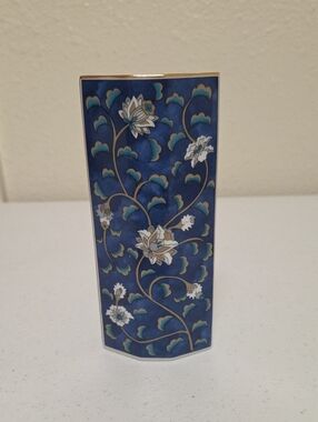 Takahashi Blue Floral Ceramic Accent Vase with Gold Trim and White Details